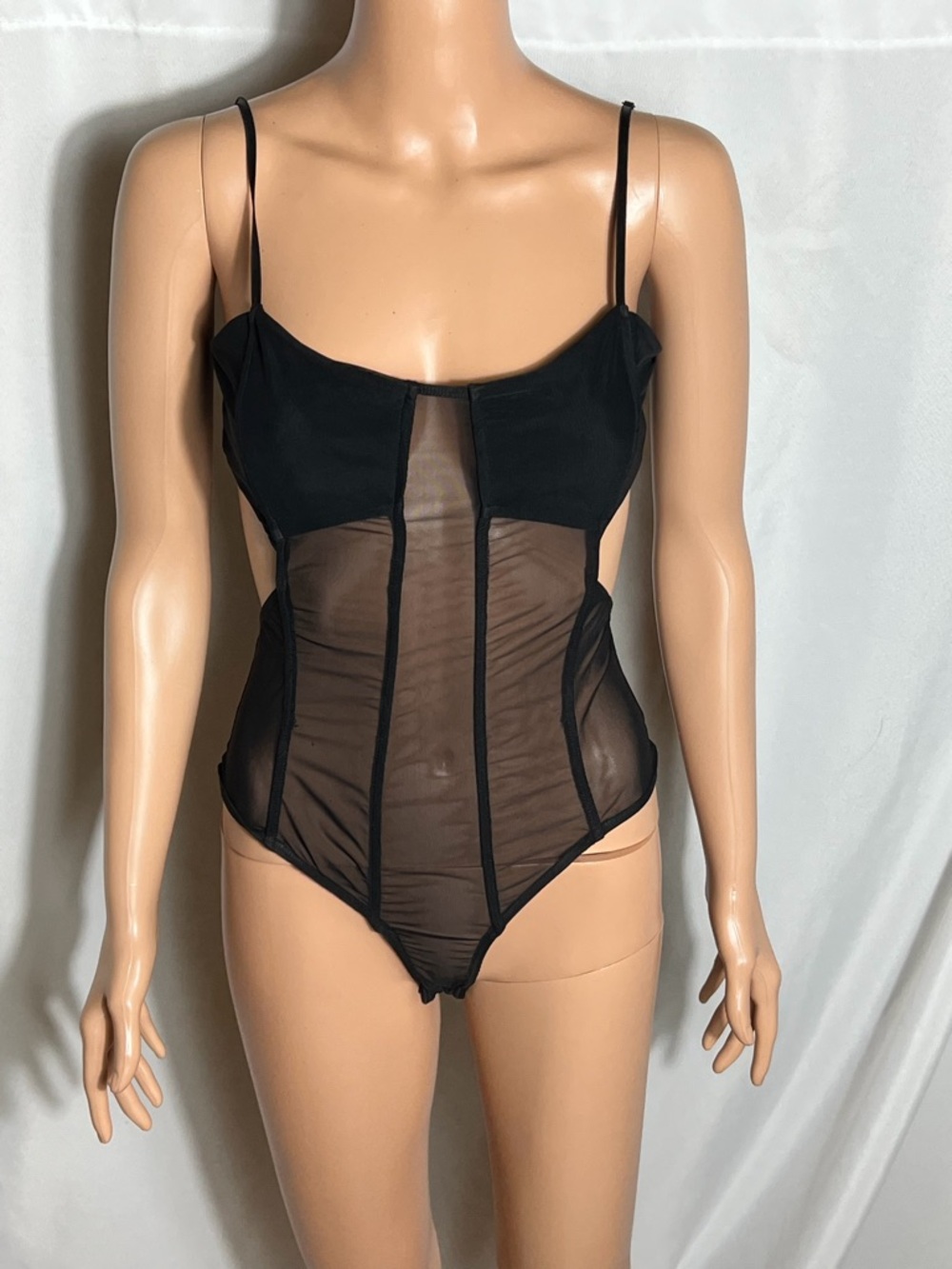 Clyque Black Sheer Mesh Bodysuit Cutout High Cut Strappy Sexy M Nylon